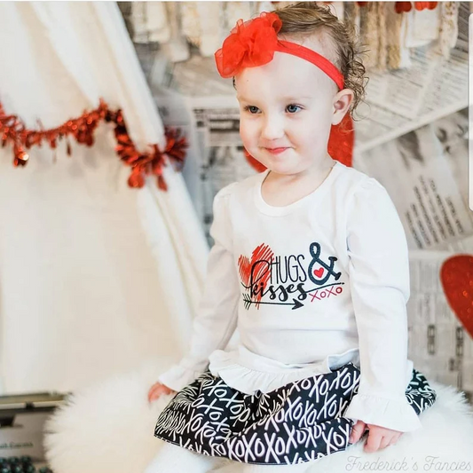 (Custom Design Preorder MOQ 5) Heart Black XOXO Print Skirts Girls Valentine's Clothes Set