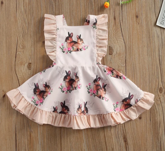 (Custom Design Preorder MOQ 5) Bunny Flowers Print Girls Knee Length Easter Dress