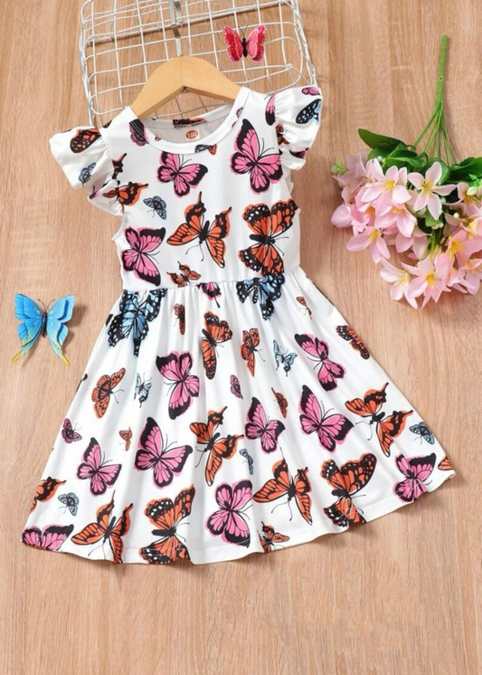 (Custom Design Preorder MOQ 5) Butterfly Print Girls Knee Length Summer Dress