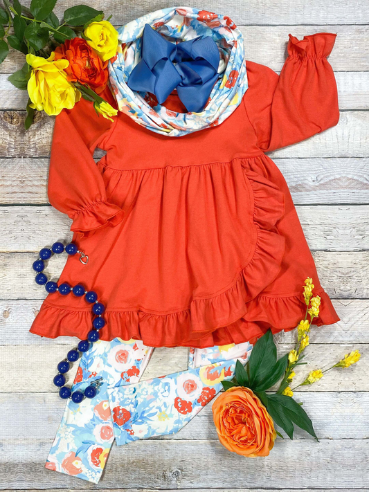 (Custom Design Preorder MOQ 5) Duck Orange Tunic Top Flowers Legging Pants Girls 3 Pieces Fall Clothes Set