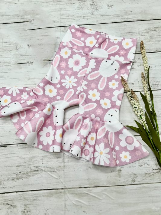 (Custom Design Preorder MOQ 5) Rabbit Flowers Print Girls Easter Bell Bottom Pants