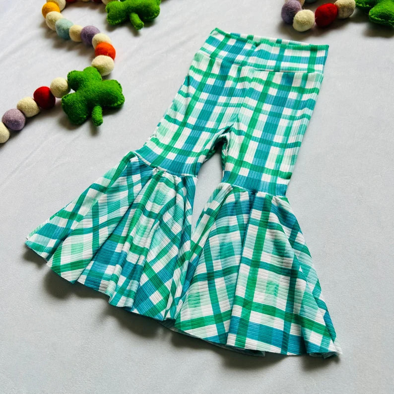 (Custom Design Preorder MOQ 5) Green Plaid Print Girls St. Patrick's Bell Bottom Pants