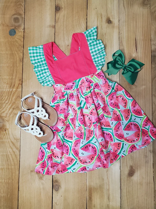 (Custom Design Preorder MOQ 5) Watermelon Print Girls Knee Length Summer Dress
