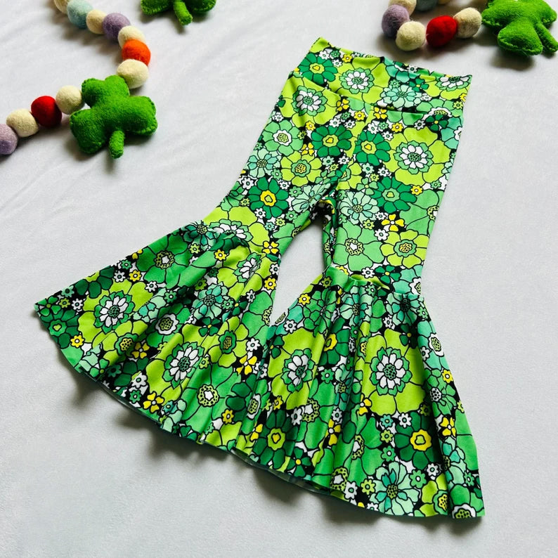 (Custom Design Preorder MOQ 5) Green Flowers Print Girls St. Patrick's Bell Bottom Pants