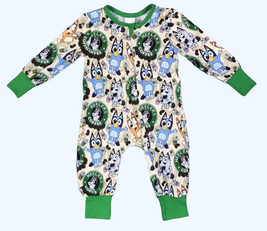 (Custom Design Preorder MOQ 5) Cartoon Dog Coffee Print Baby Kids Zipper Romper