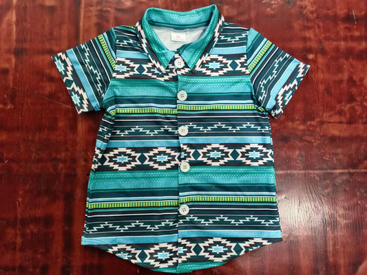 (Custom Design Preorder MOQ 5) Green Aztec Print Boys Buttons Tee Shirts Top