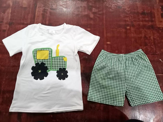 (Custom Design Preorder MOQ 5) Tractors Top Green Plaid Shorts Boys Summer Clothes Set