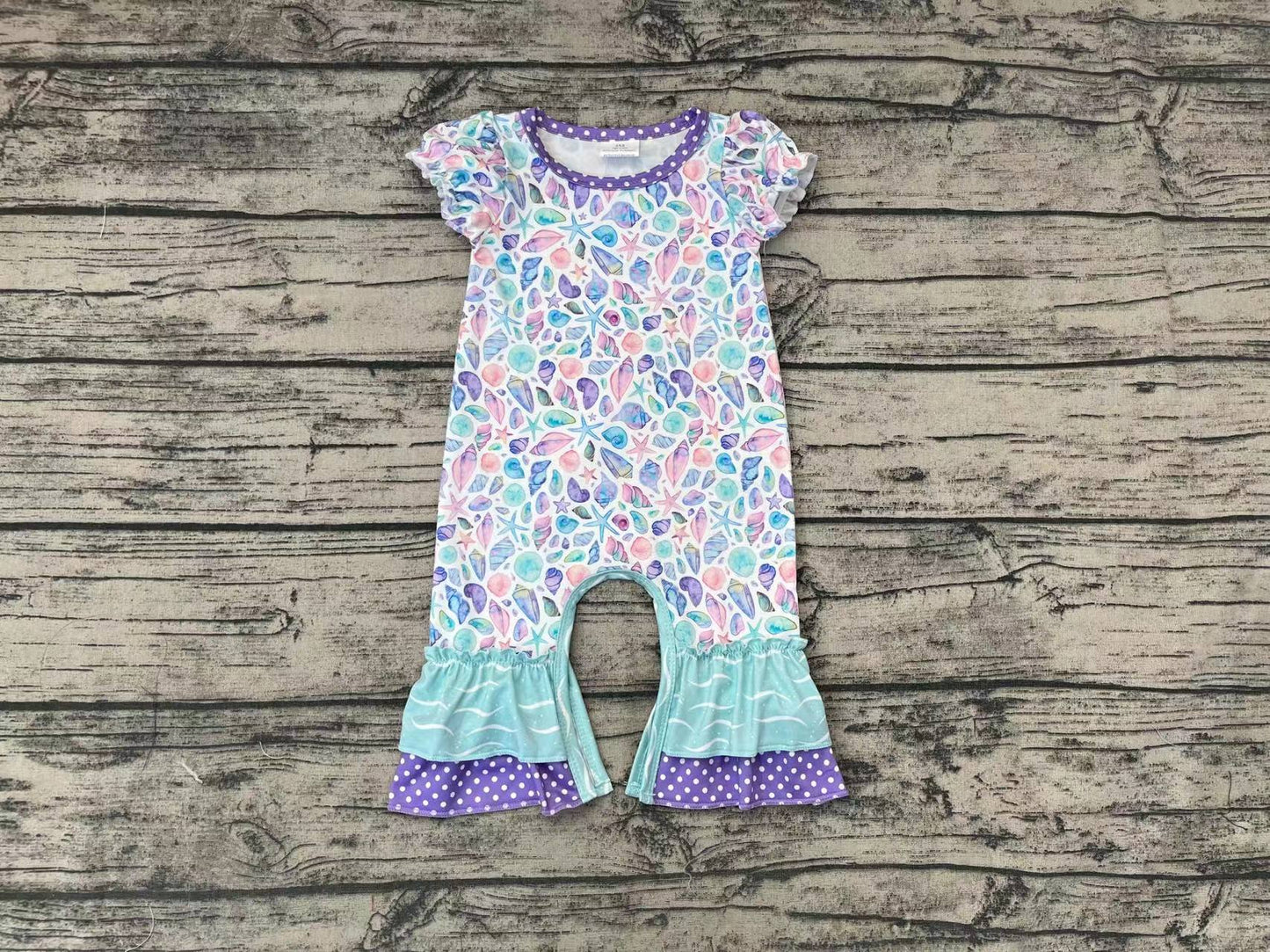 (Custom Design Preorder MOQ 5) Sea Shell Print Baby Girls Romper