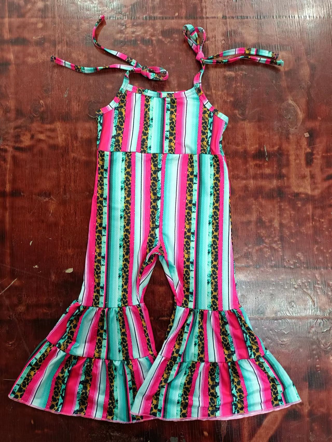 (Custom Design Preorder MOQ 5) Stripes Leopard Print Girls Western Jumpsuit