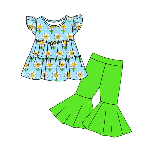 (Custom Design Preorder MOQ 5) Flowers Smiling Face Tunic Top Green Bell Pants Girls Clothes Set