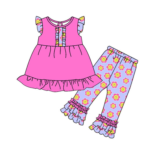 (Custom Design Preorder MOQ 5) Hot Pink Tunic Top Flowers Ruffles Pants Girls Clothes Set
