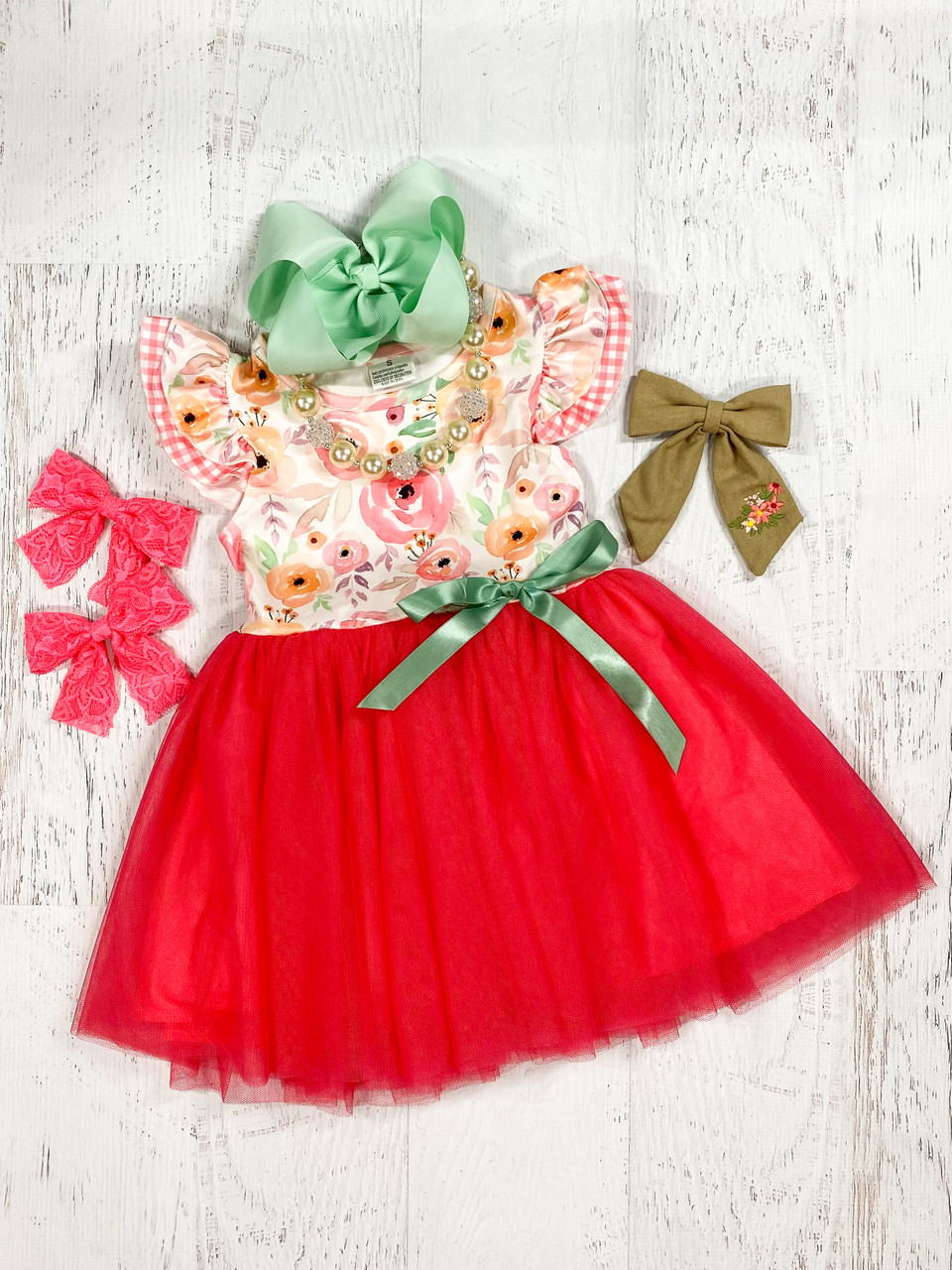 (Custom Design Preorder MOQ 5) Flutter Sleeve Flowers Top Red Tulle Girls Knee Length Dress