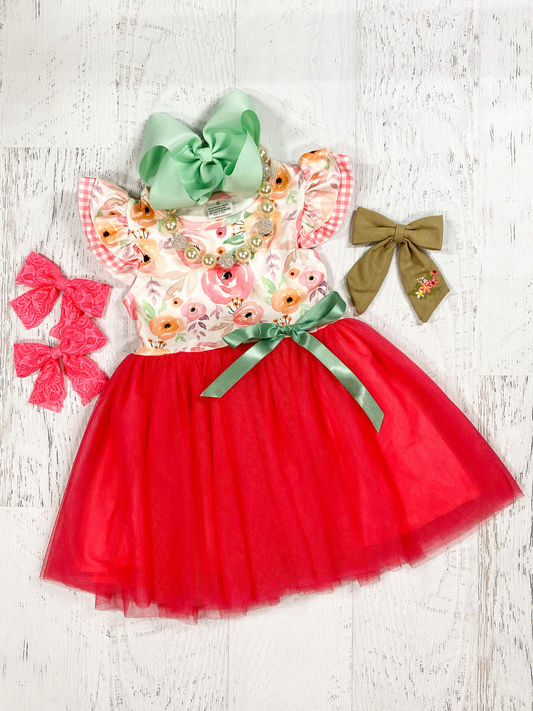 (Custom Design Preorder MOQ 5) Flutter Sleeve Flowers Top Red Tulle Girls Knee Length Dress