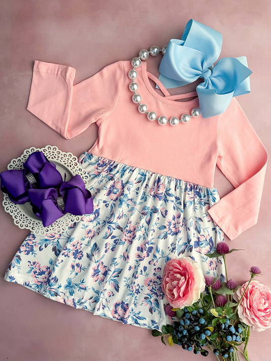 (Custom Design Preorder MOQ 5) Pink Flowers Girls Knee Length Dress