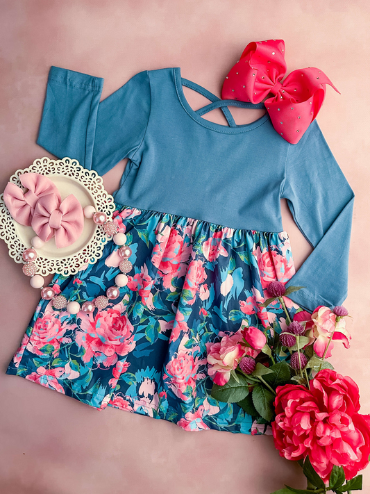 (Custom Design Preorder MOQ 5) Blue Flowers Girls Knee Length Dress