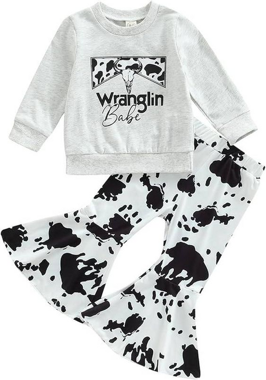(Custom Design Preorder MOQ 5) Cow Skull Print Girls Western Clothes Set