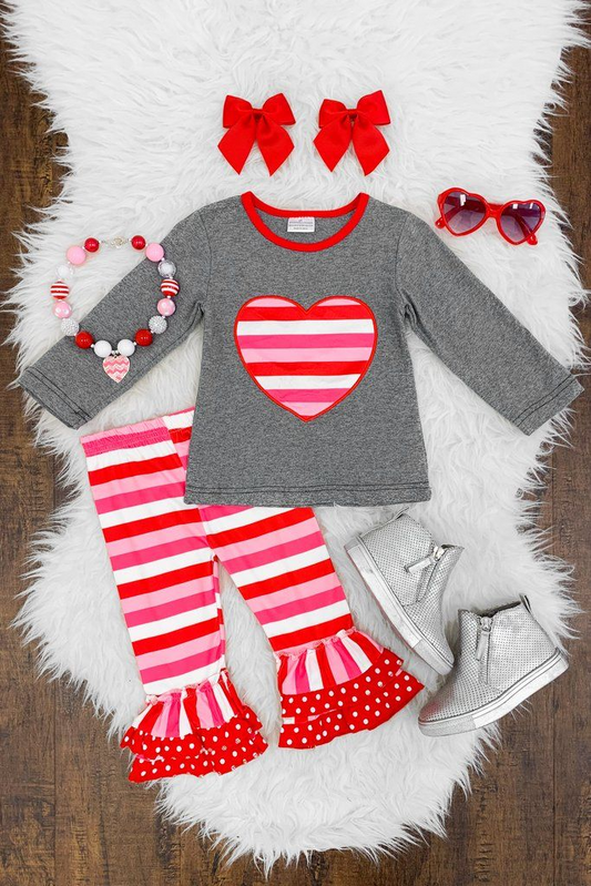(Custom Design Preorder MOQ 5) Heart Print Grey Top Red Ruffles Pants Girls Valentine's Clothes Set