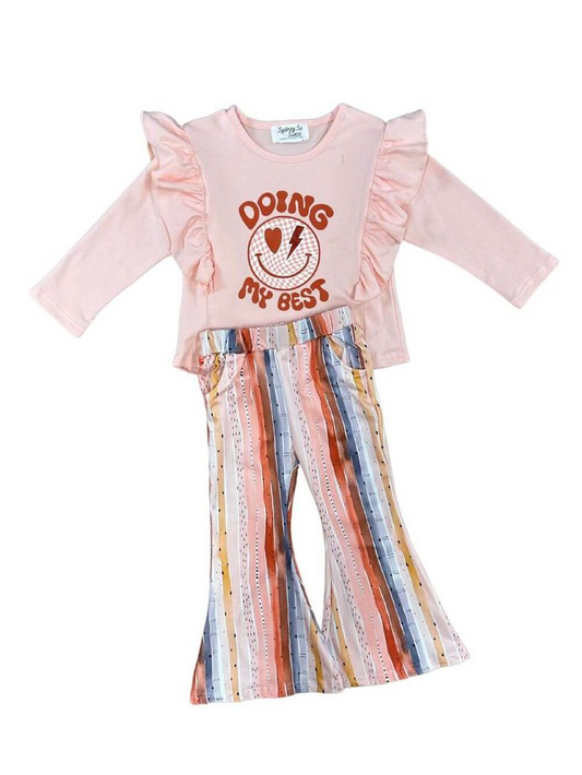 (Custom Design Preorder MOQ 5) Doing My Best Pink Top Stripes Bell Pants Girls Clothes Set
