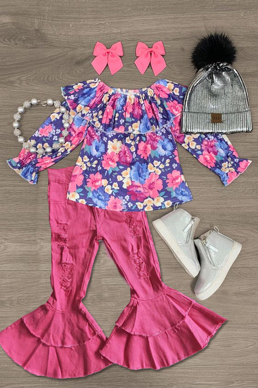 (Custom Design Preorder MOQ 5) Purple Flowers Top Hot Pink Denim Jeans Girls Clothes Set