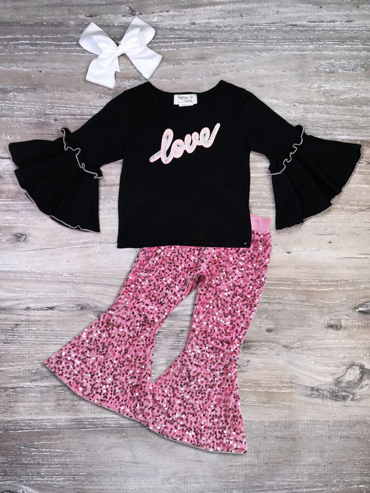 (Custom Design Preorder MOQ 5) Love Black Top Pink Sequin Bell Pants Girls Valentine's Clothes Set