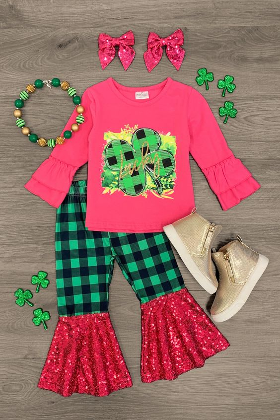 (Custom Design Preorder MOQ 5) Lucky Green Quatrefoil Top Sequin Ruffle Pants Girls St. Patrick's Clothes Set