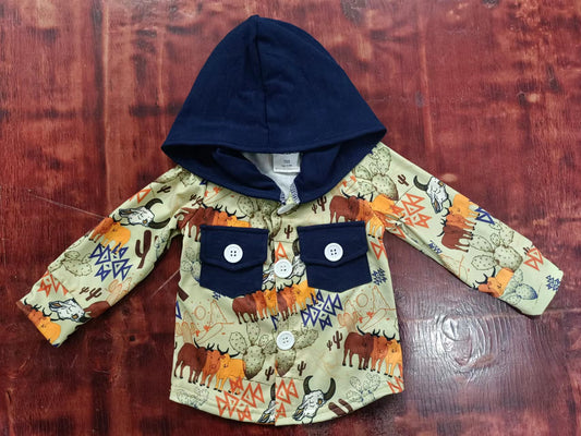 (Custom Design Preorder MOQ 5) Highland Cow Aztec Print Pockets Boys Hoodie Tee Shirts Top