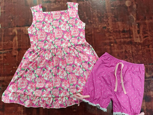 (Custom Design Preorder MOQ 5) Pink Flowers Print Tunic Top Dots Shorts Girls Summer Clothes Set