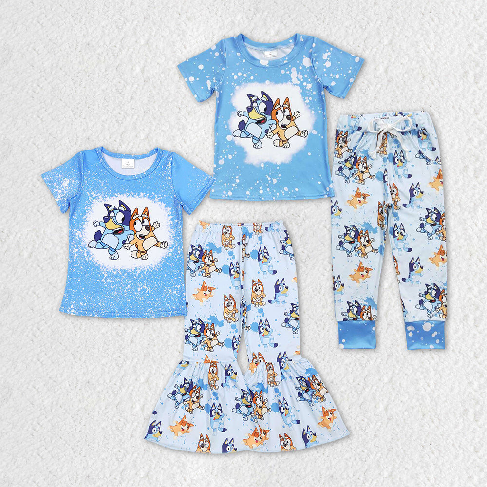 Cute Blue Cartoon Dog Print Sibling Matching Clothes