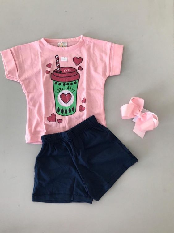 (Custom Design Preorder MOQ 5)Love Heart Coffe Print Pink Top Navy Shorts Girls Valentine's Clothes Set