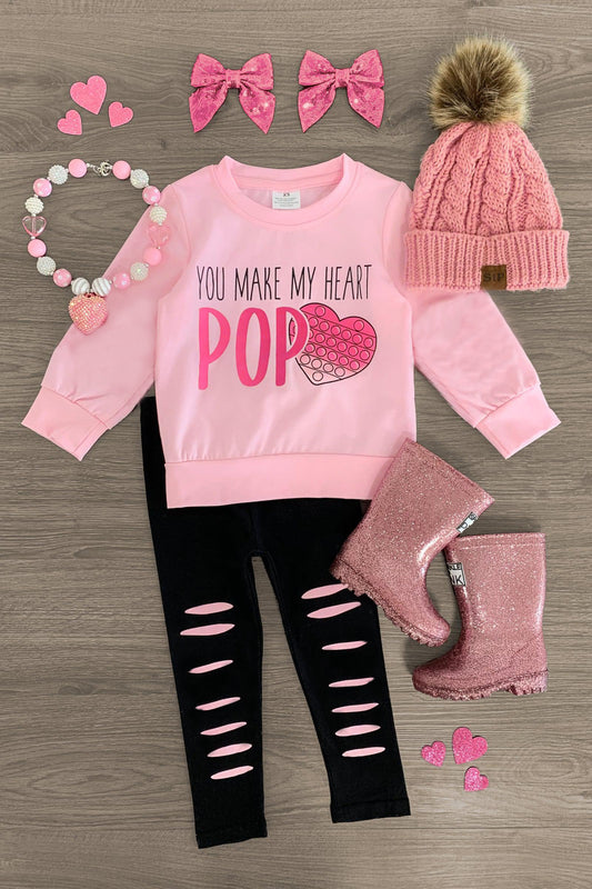 (Custom Design Preorder MOQ 5)  You Make My Heart Pink Top Hole Legging Pants Girls Valentine's Clothes Sets