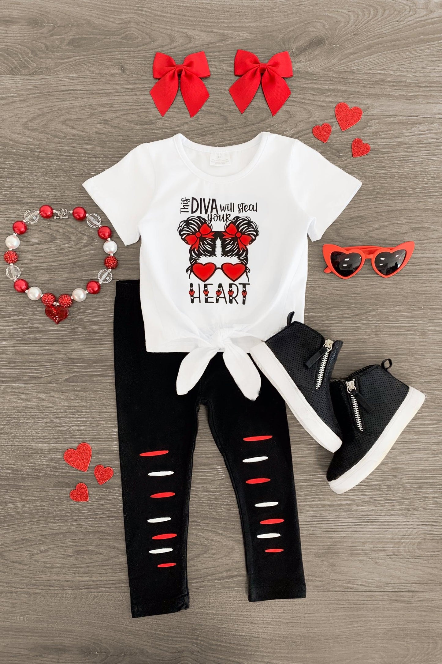 (Custom Design Preorder MOQ 5)  Heart Print Top Hole Legging Pants Girls Valentine's Clothes Sets