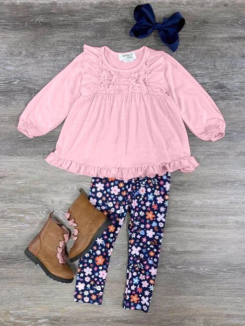 (Custom Design Preorder MOQ 5) Pink Ruffles Tunic Top Flowers Legging Pants Girls Spring Clothes  Set