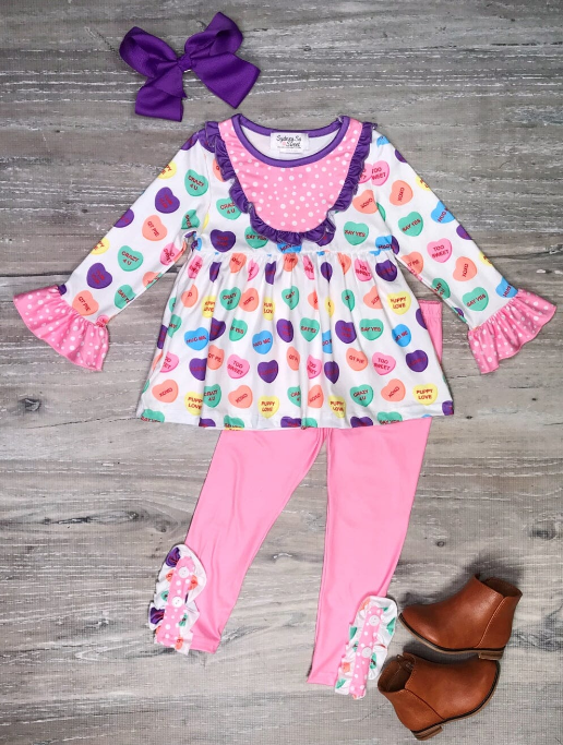(Custom Design Preorder MOQ 5) Colorful Heart Tunic Top Pink Legging Pants Girls Valentine's Clothes  Set