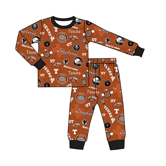 (Custom Design Preorder MOQ 5) Brown Football Team's Print Kids Pajamas Clothes Set