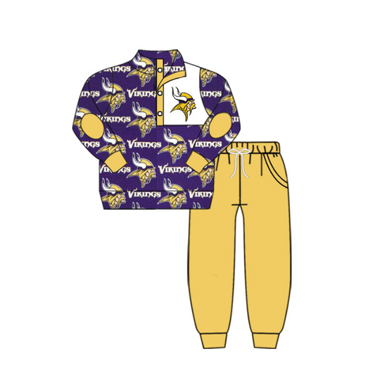 (Custom Design Preorder MOQ 5) Purple Football Team's Top Yellow Pants Boys Clothes Set