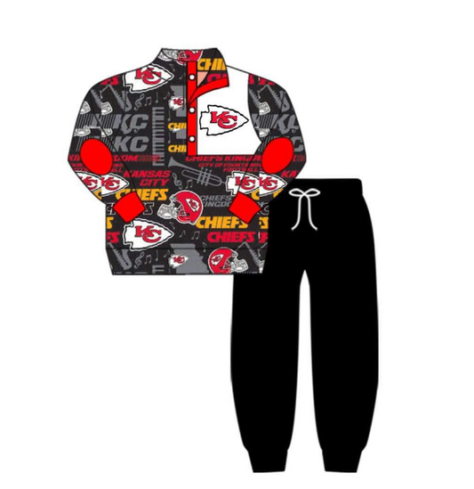 (Custom Design Preorder MOQ 5) Football Team's Top Black Pants Boys Clothes Set