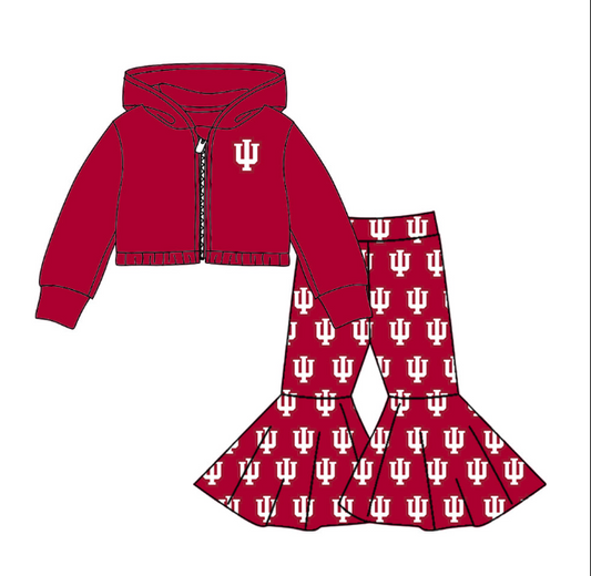 (Custom Design Preorder MOQ 5) Red Football Print Girls Jacket Top Bell Pants Clothes Set