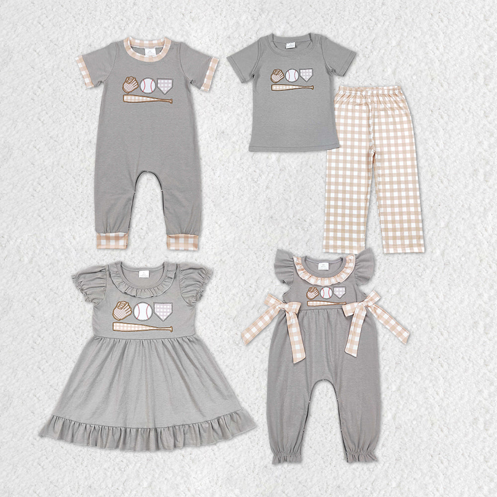 Grey Cotton Baseball Embroidery Sibling Matching Clothes