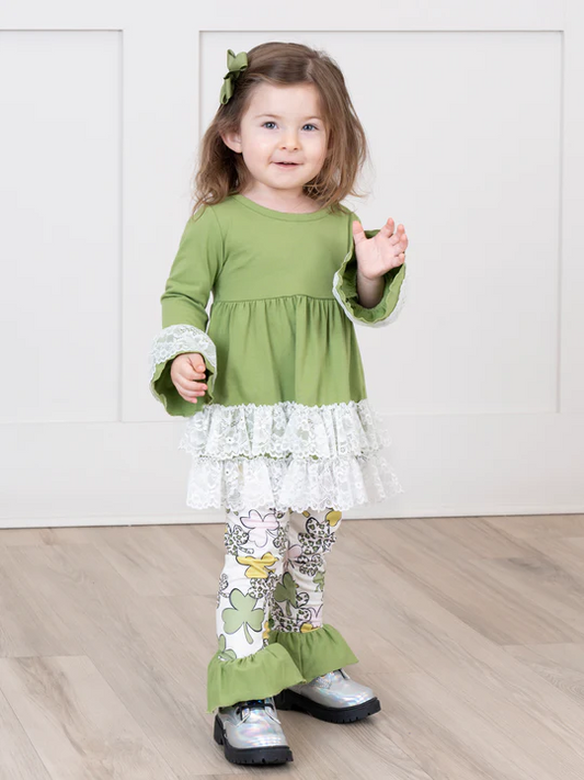 (Custom Design Preorder MOQ 5) Green Ruffles Tunic Top Quatrefoil Legging Pants Girls St. Patrick's Clothes Set
