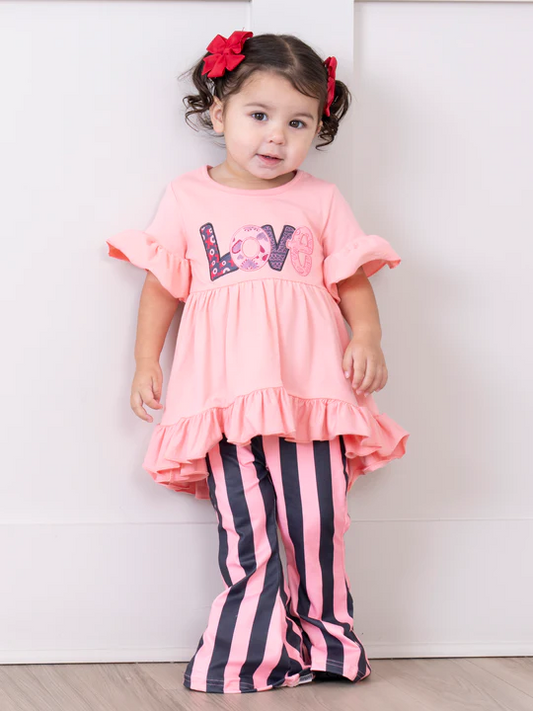 (Custom Design Preorder MOQ 5) LOVE Tunic Top Stripes Pants Girls Valentine's Clothes Set