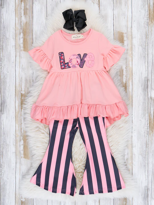 (Custom Design Preorder MOQ 5) LOVE Tunic Top Stripes Pants Girls Valentine's Clothes Set