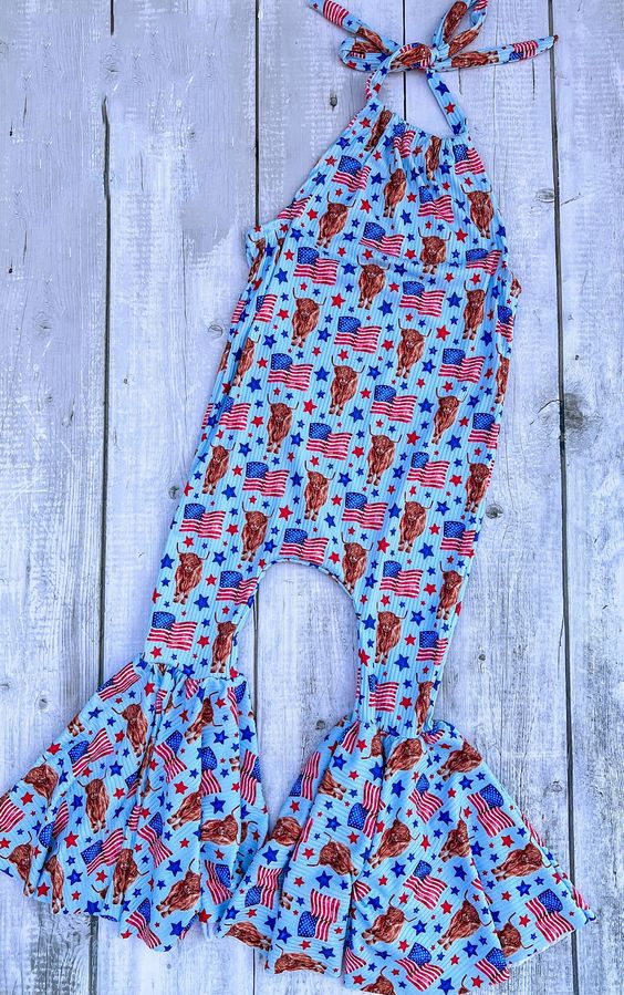 (Custom Design Preorder MOQ 5) Highland Cow Flag Print Girls 4th of July Jumpsuit