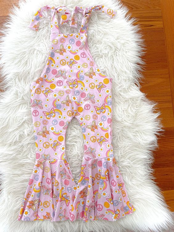 (Custom Design Preorder MOQ 5) Butterfly Rainbow Flowers Print Girls Spring Jumpsuit