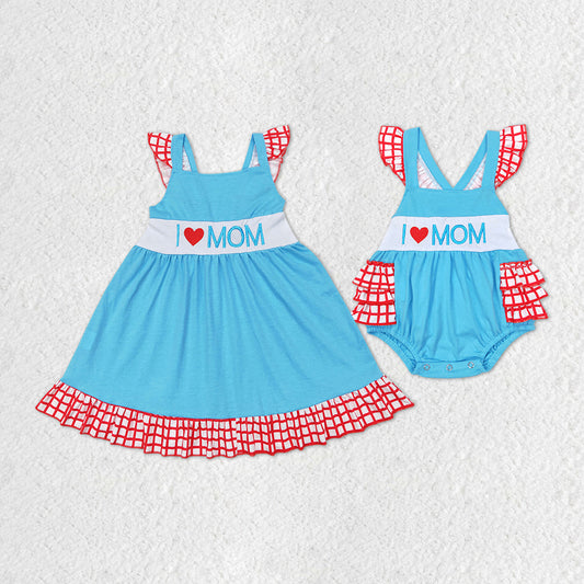 I LOVE MOM Embroidery Blue Sisters Mother's Day Matching Clothes