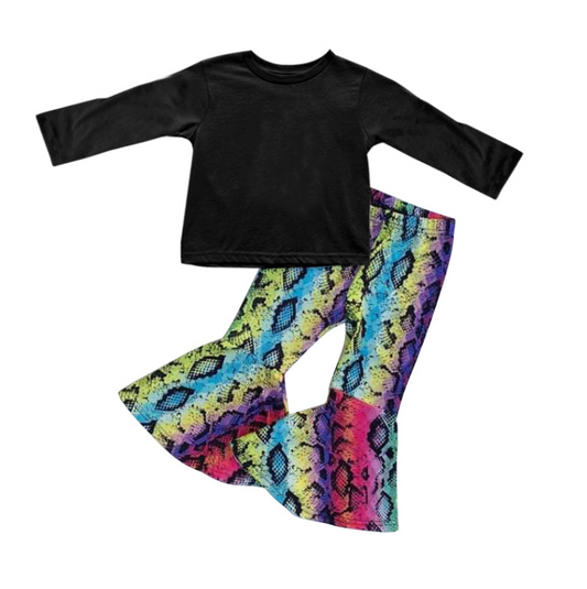 (Custom Design Preorder MOQ 5) Black Top Snake Skin Bell Pants Girls Clothes Set