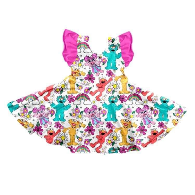 (Custom Design Preorder MOQ 5) Cartoon Monster Flutter Rainbow Print Girls Summer Dress