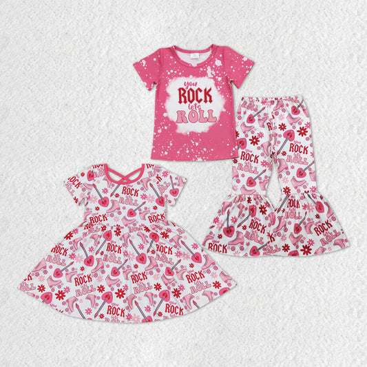 Rock Roll Heart Print Girls Valentine's Sisters Matching Clothes