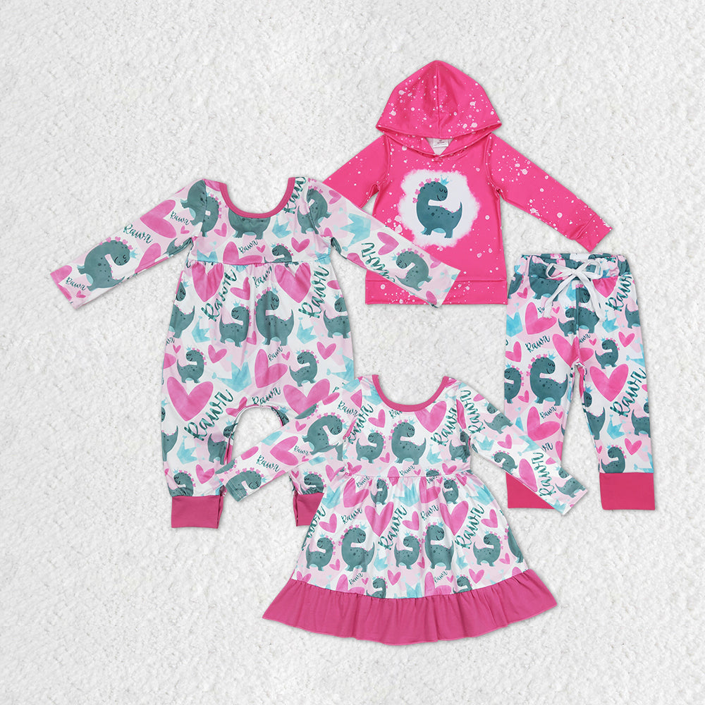 Dinosaur Heart Pink Print Sisters Valentine's Matching Clothes