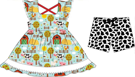 (Custom Design Preorder MOQ 5) Farm Animals Tunic Top Cow Shorts Girls Summer Clothes Set