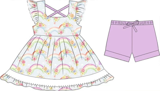 (Custom Design Preorder MOQ 5) Rainbow Flowers Tunic Top Purple Shorts Girls Summer Clothes Set